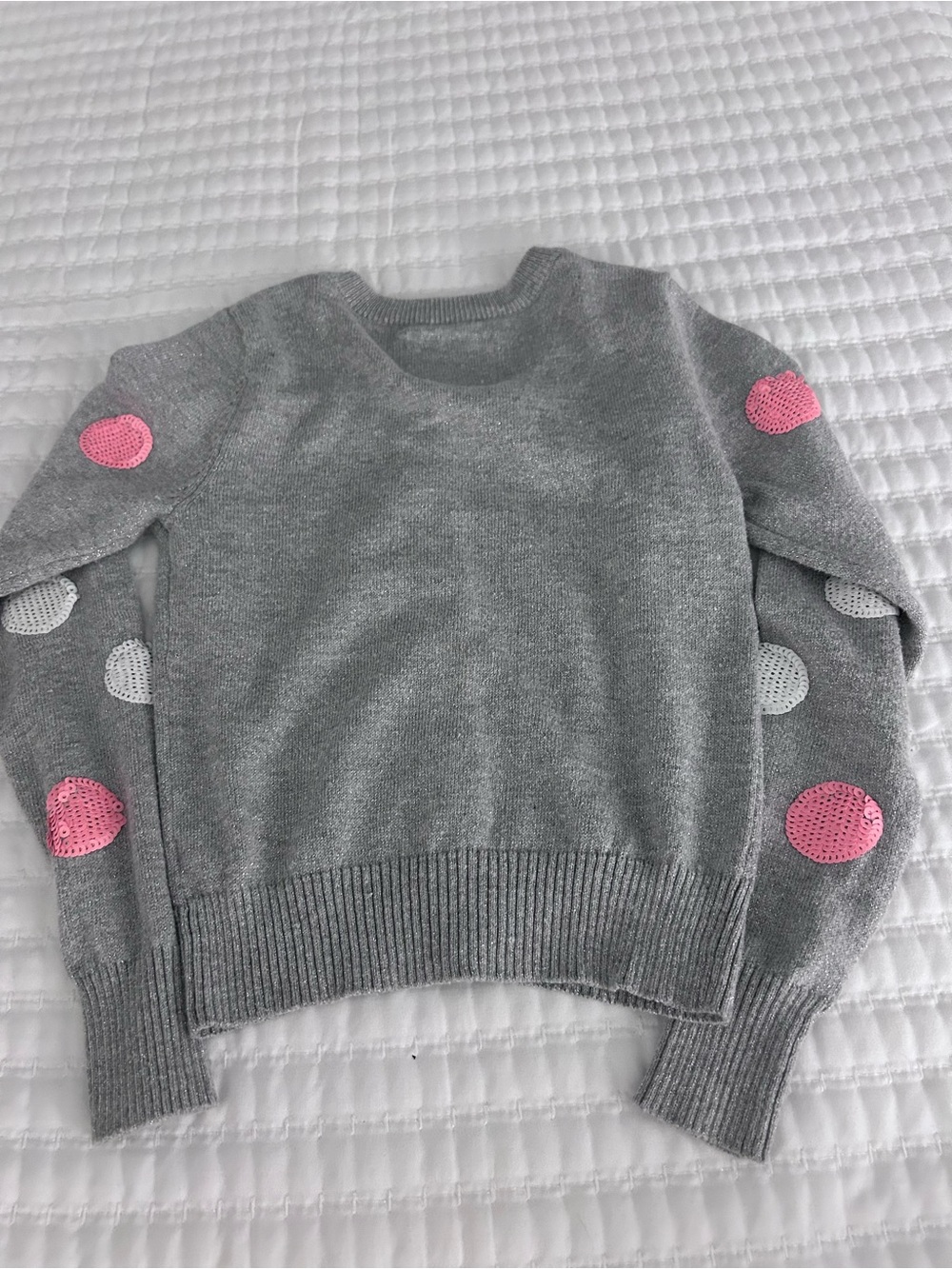 Justice Gray Cardigan with Pink & White Sequin Polka Dots. Size 7 - Picture 2 of 6